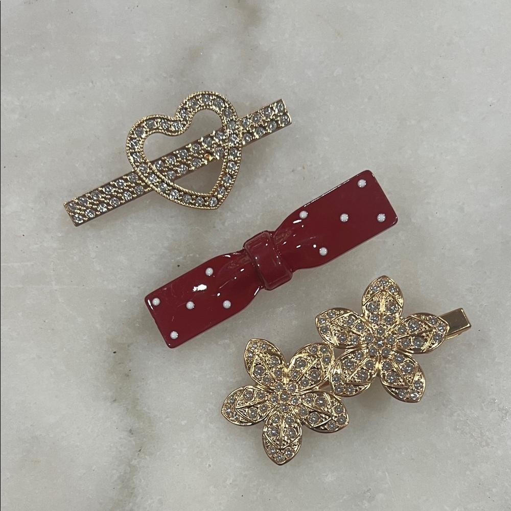 Gold Rhinestone & Red Enamel Hair Clip Set for Women